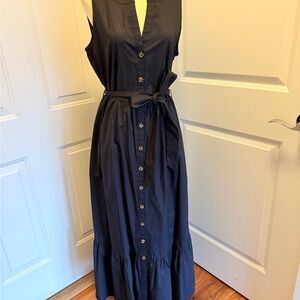 Calvin Klein Navy Sleeveless Button-Front Maxi Dress with Waist Tie